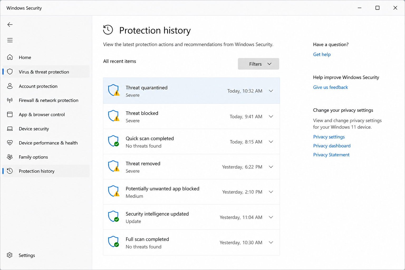 Open protection history screen